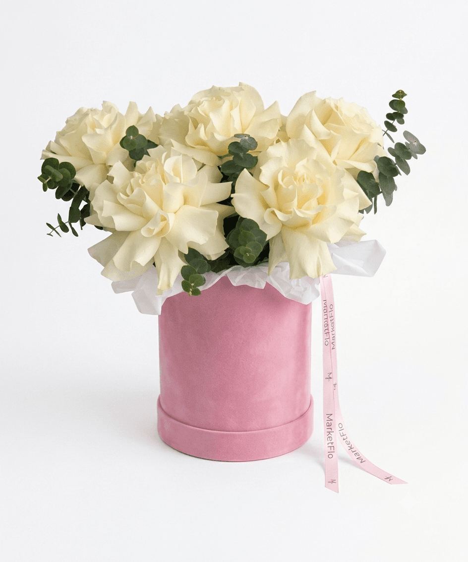Flower Box with 5 White Roses and Eucalyptus image
