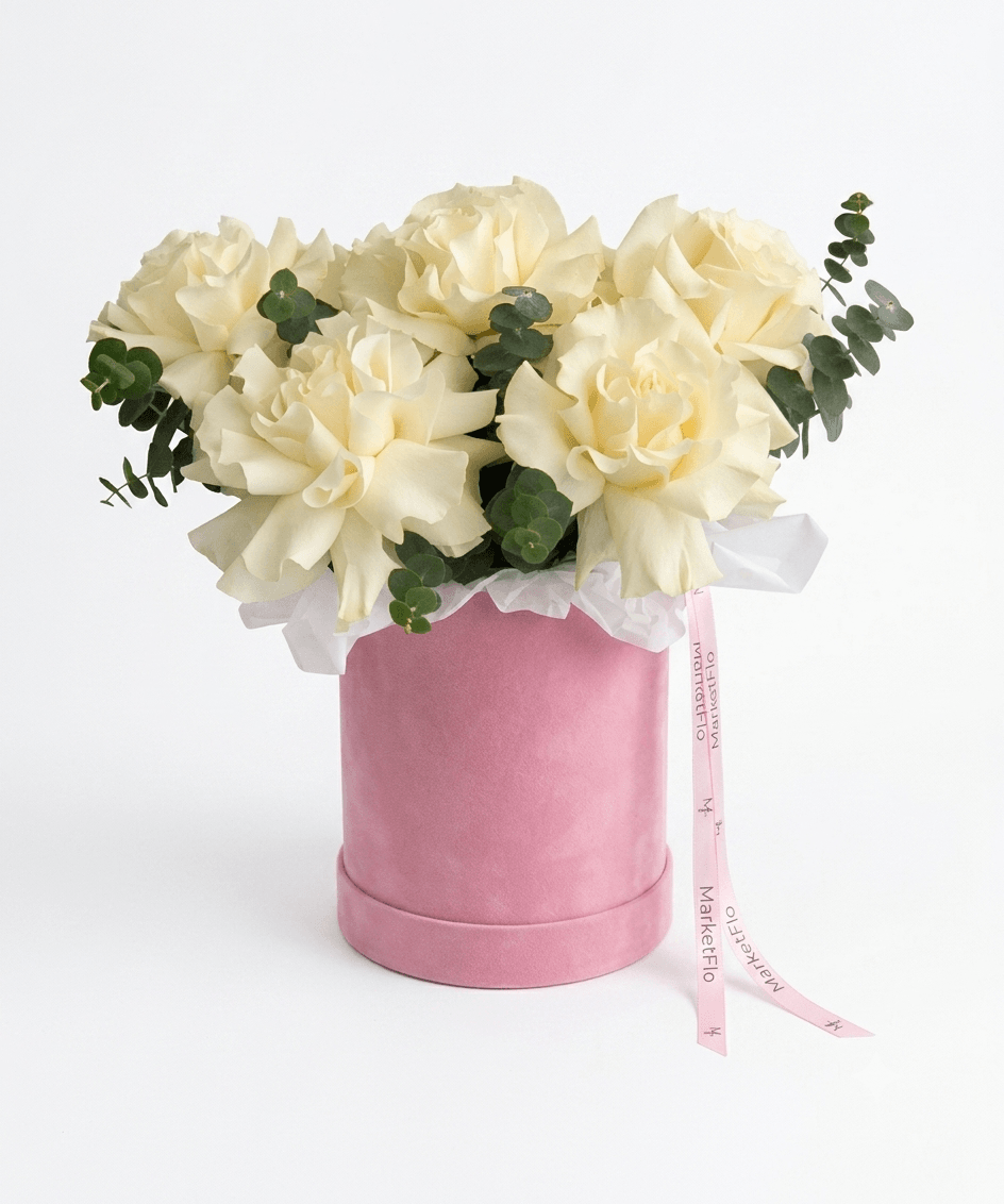 Flower Box with 5 White Roses and Eucalyptus — 1