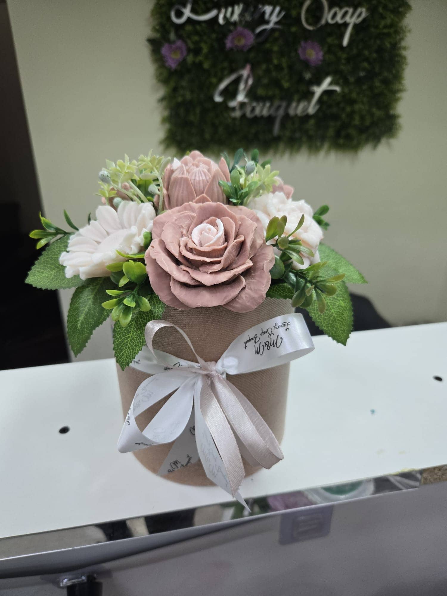 Beige Soap Rose with White Flowers in a Box — 2