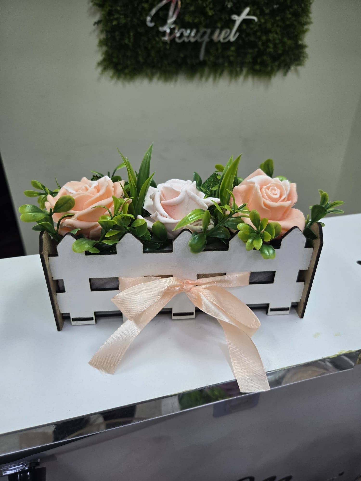 Gentle Peach Soap Flower Bouquet in White Wooden Box with Ribbon — 2