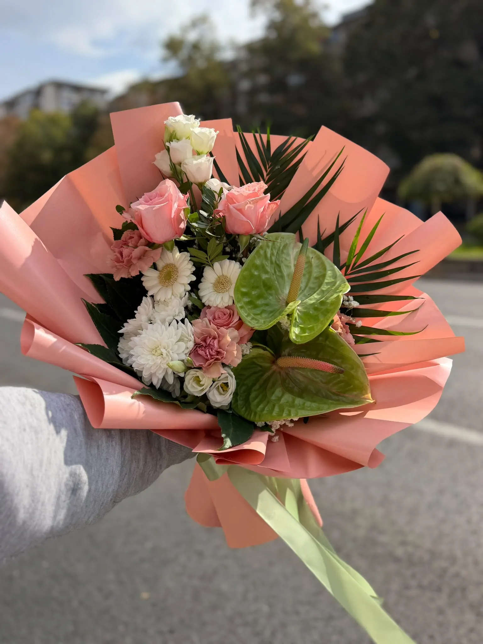 Pink Rose and Green Anthurium Bouquet — 2
