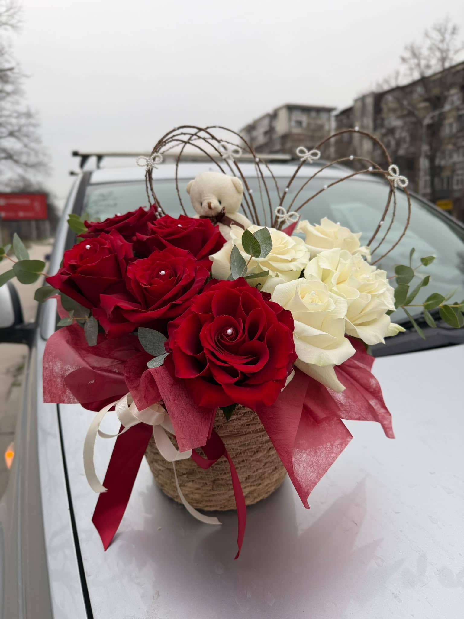 Red and White Roses Basket with Teddy Bear — 2