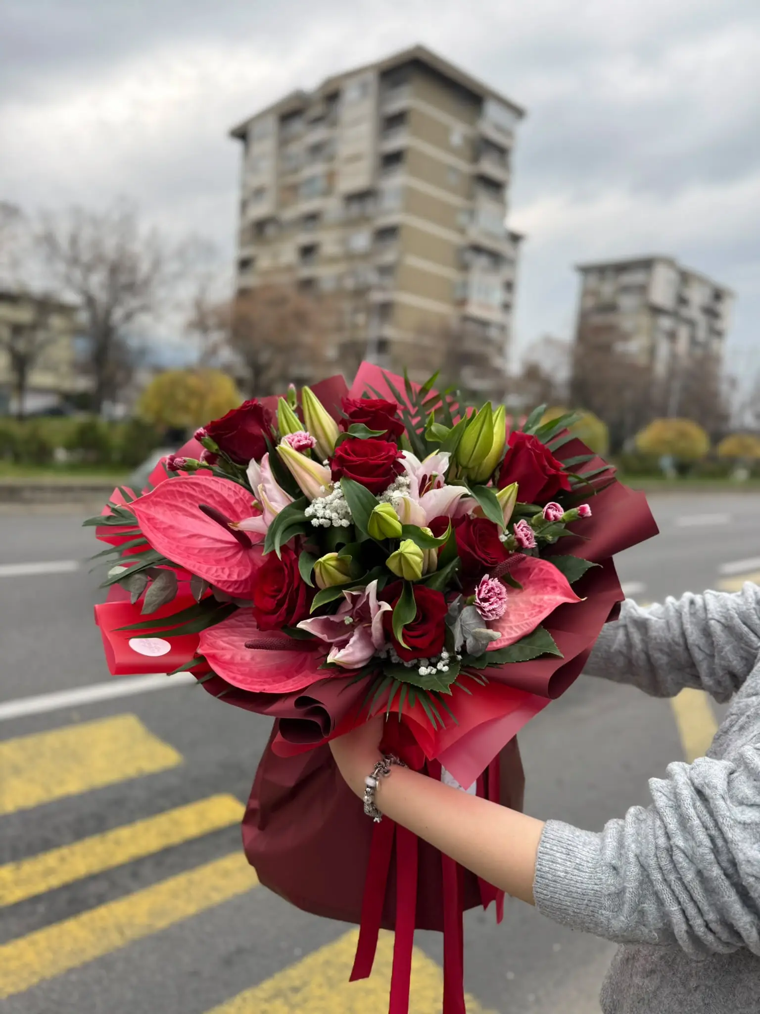 Red Roses Anthurium and Lilies Bouquet — 2