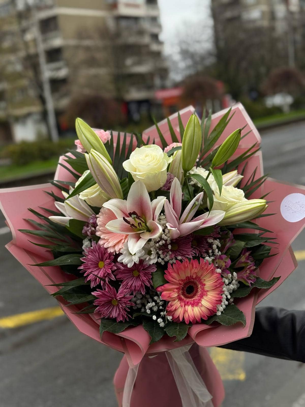 Pink Lilies and White Roses Mixed Bouquet — 2