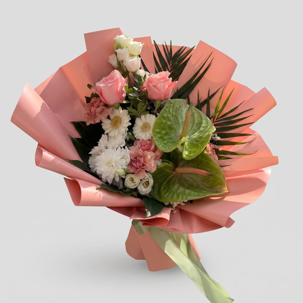 Pink Rose and Green Anthurium Bouquet — 1