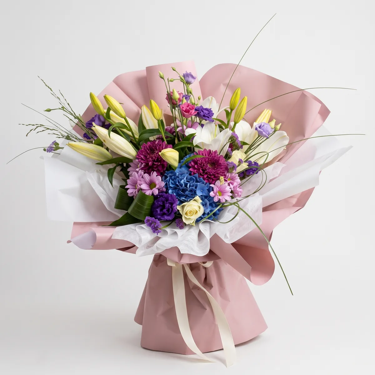 Mixed Bouquet with Lilies and Blue Hydrangea — 1