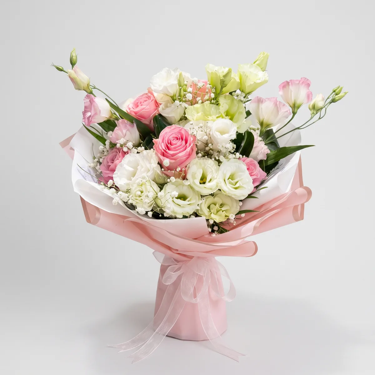 Pink Roses and White Lisianthus Bouquet — 1