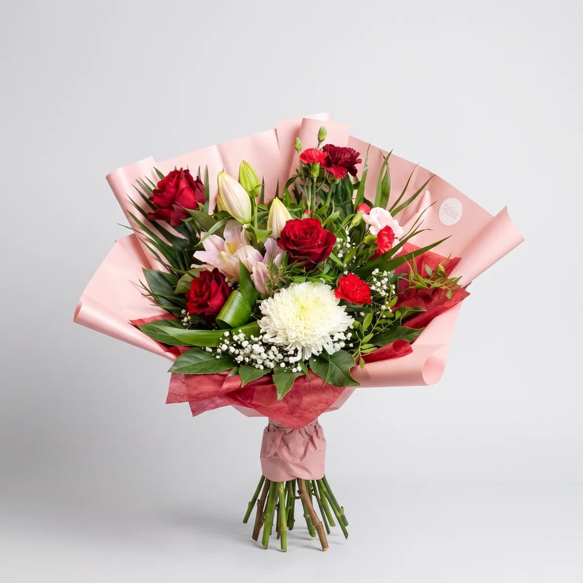 Red Roses Lilies Mixed Flower Bouquet image