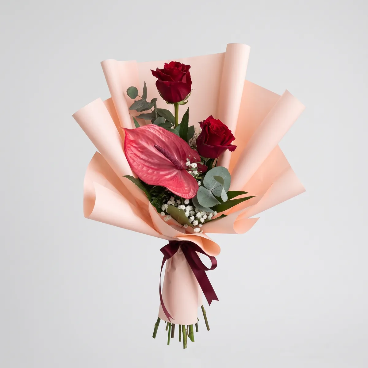 Red Roses and Pink Anthurium Bouquet image