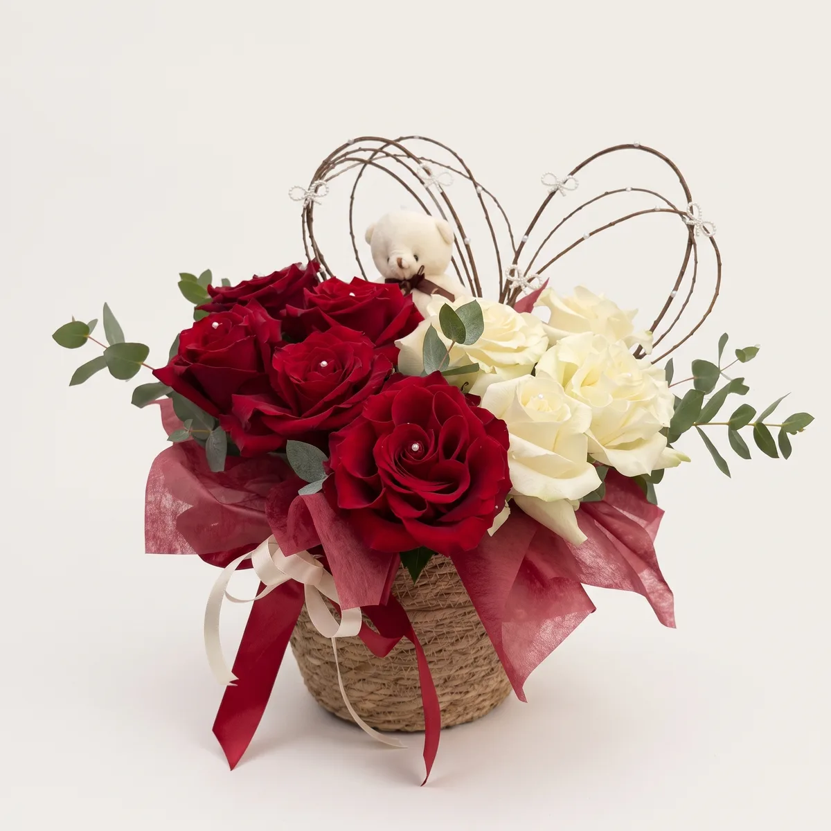 Red and White Roses Basket with Teddy Bear — 1