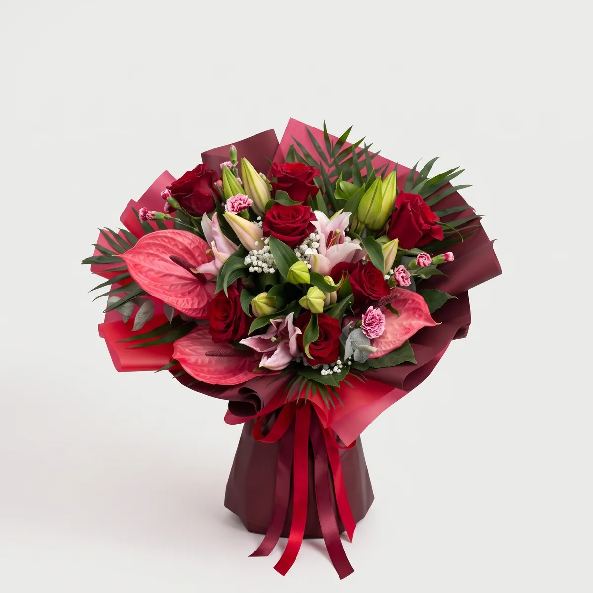 Red Roses Anthurium and Lilies Bouquet image