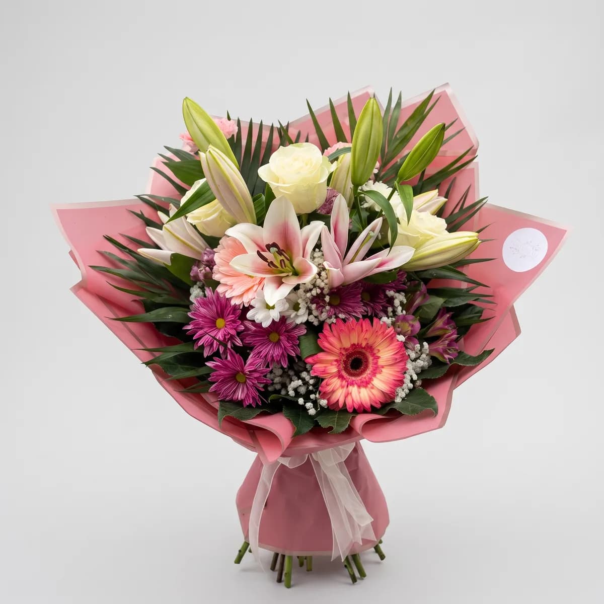 Pink Lilies and White Roses Mixed Bouquet image