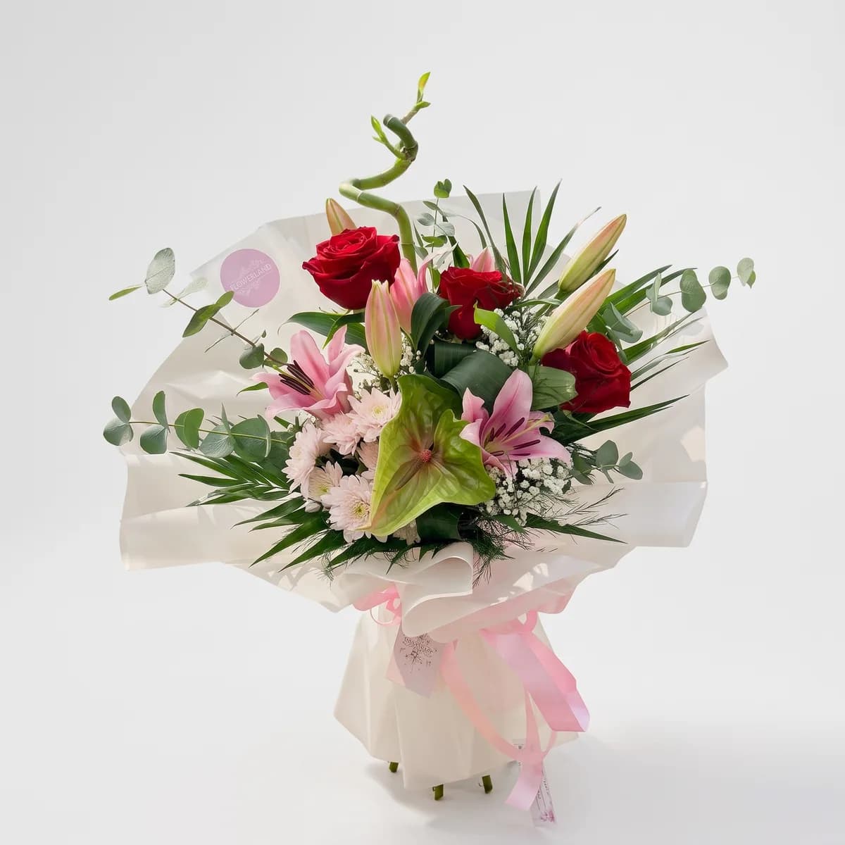 Red Roses Pink Lilies Anthurium Mixed Bouquet image