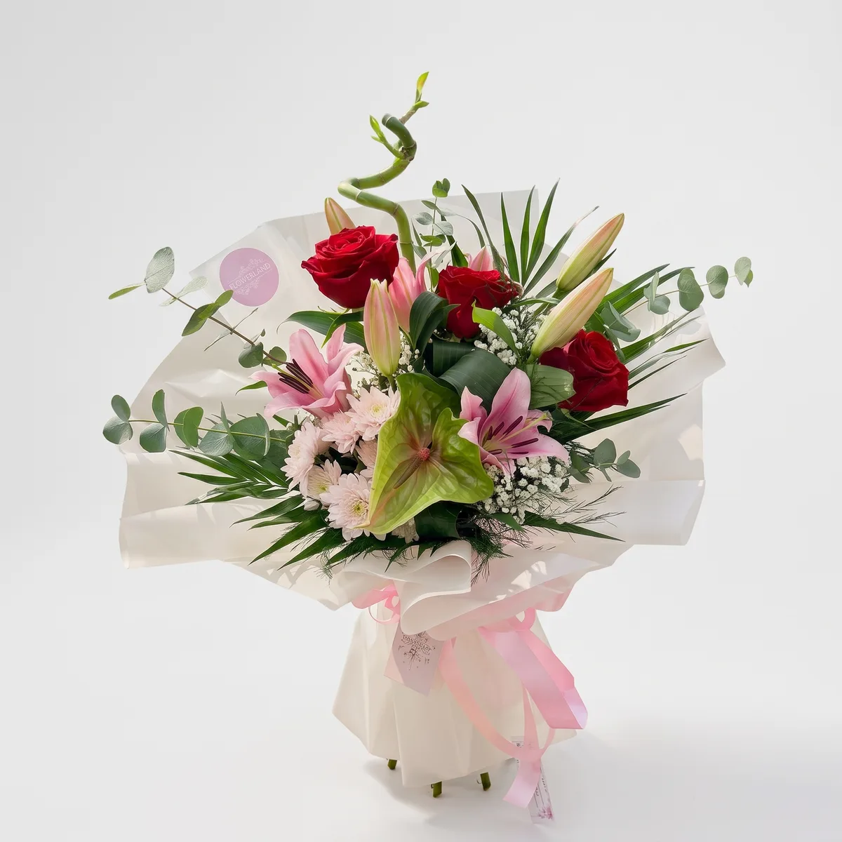 Red Roses Pink Lilies Anthurium Mixed Bouquet — 1
