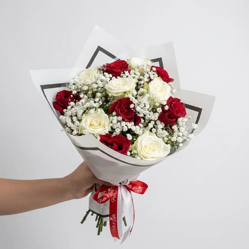 Bouquet of 13 White and Red Roses image