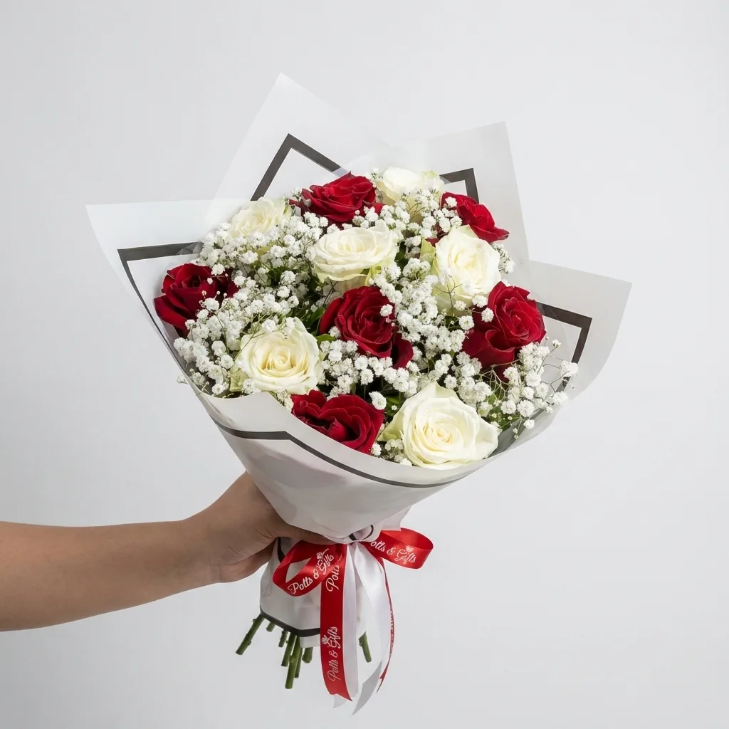 Bouquet of 13 White and Red Roses — 1