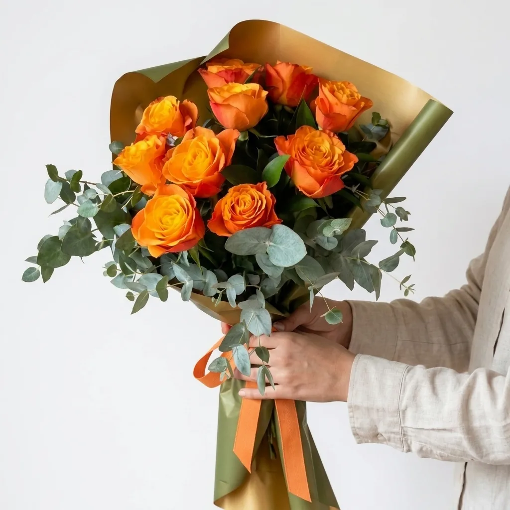 Bouquet with 11 Orange Roses and Eucalyptus image
