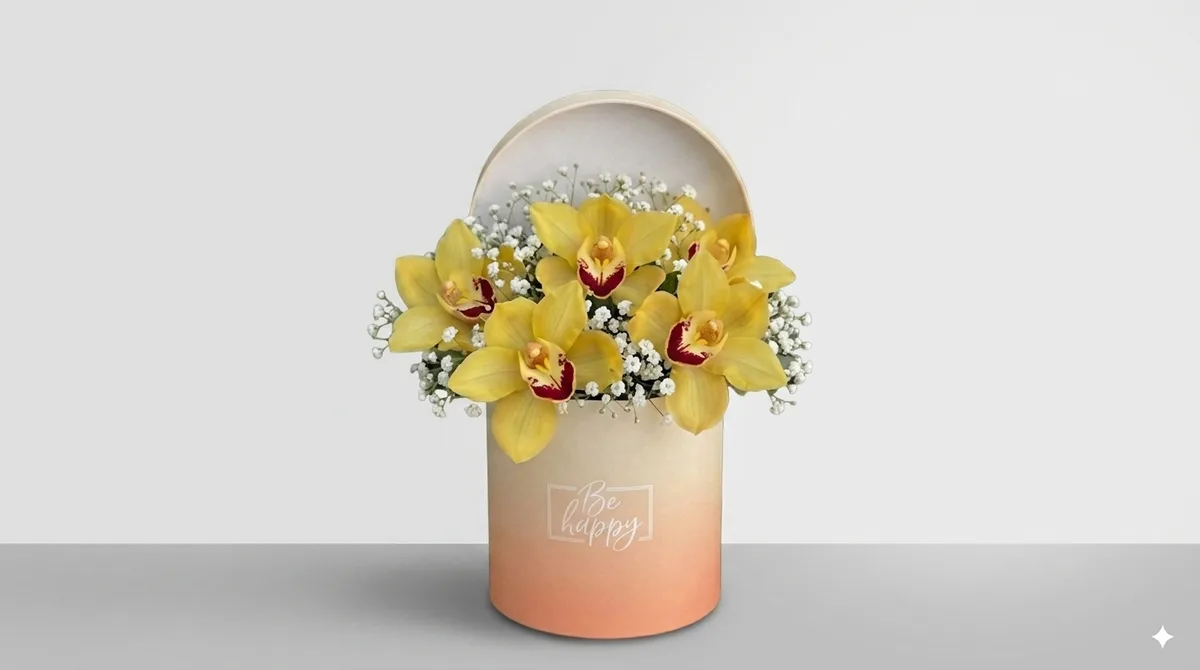 Слика на Кутија со жолти орхидеи „Be Happy"