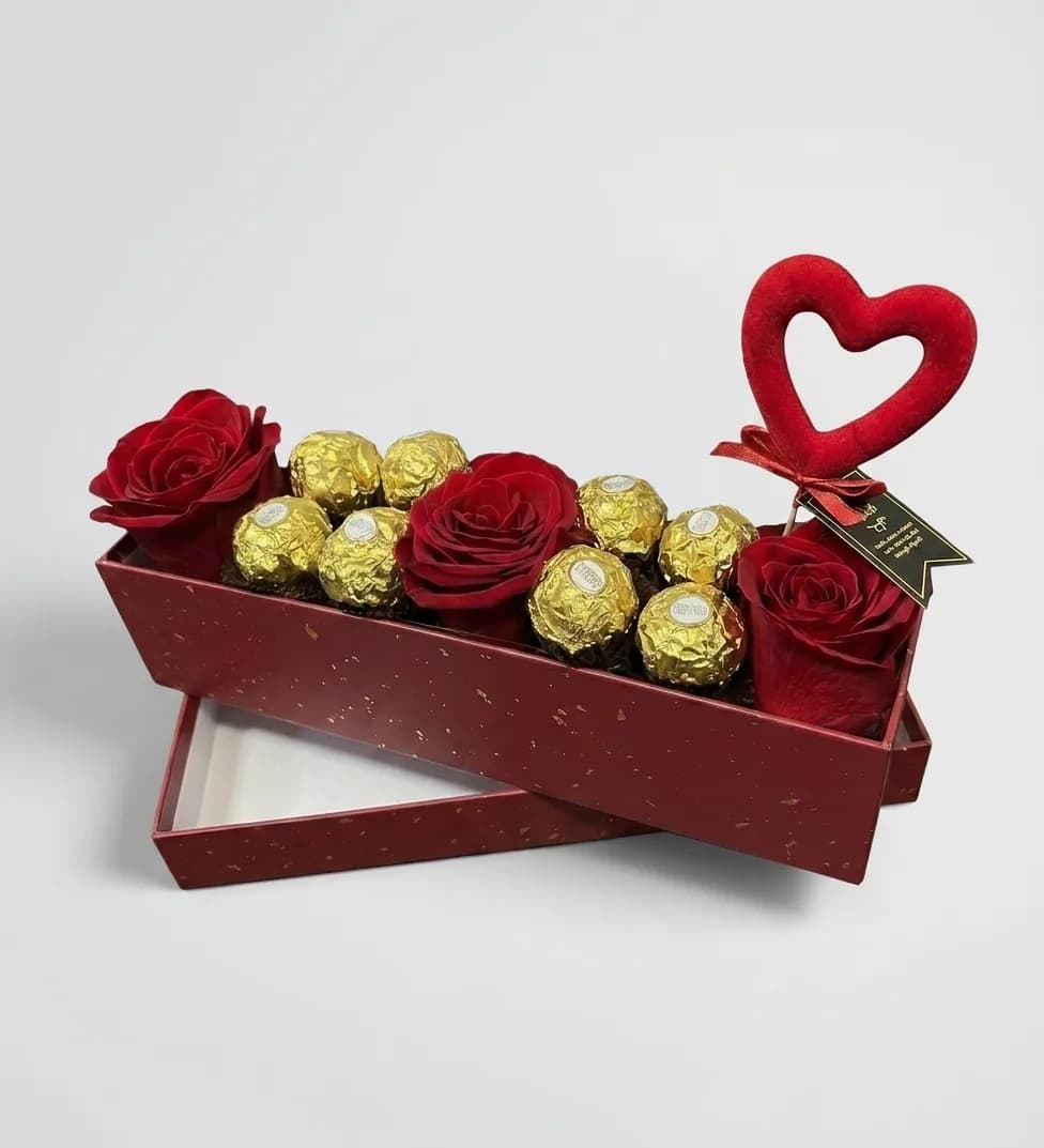 Imazhi i Harmonia e Dashurisë – Trëndafila dhe Ferrero Rocher