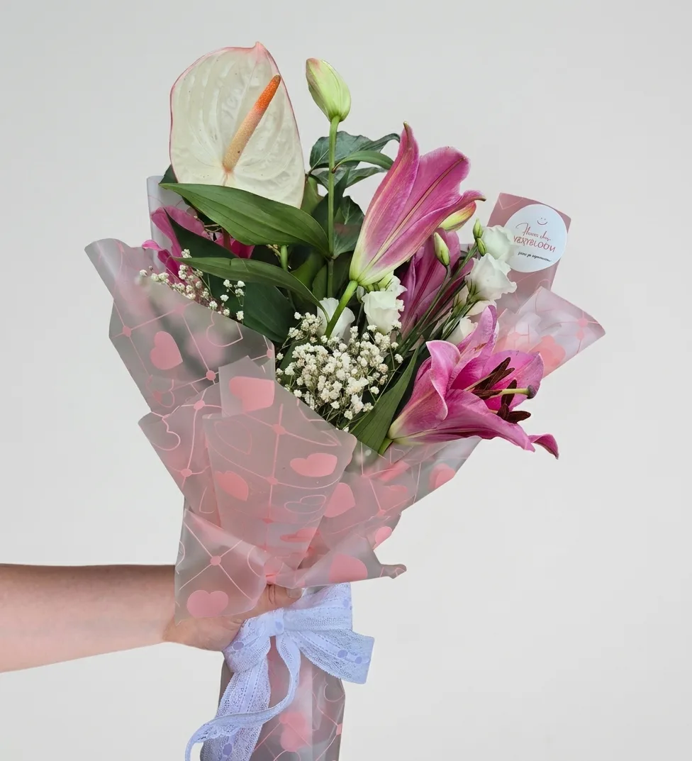 Elegant Bouquet with Pink Lily, White Anthurium, and Eustoma — 1