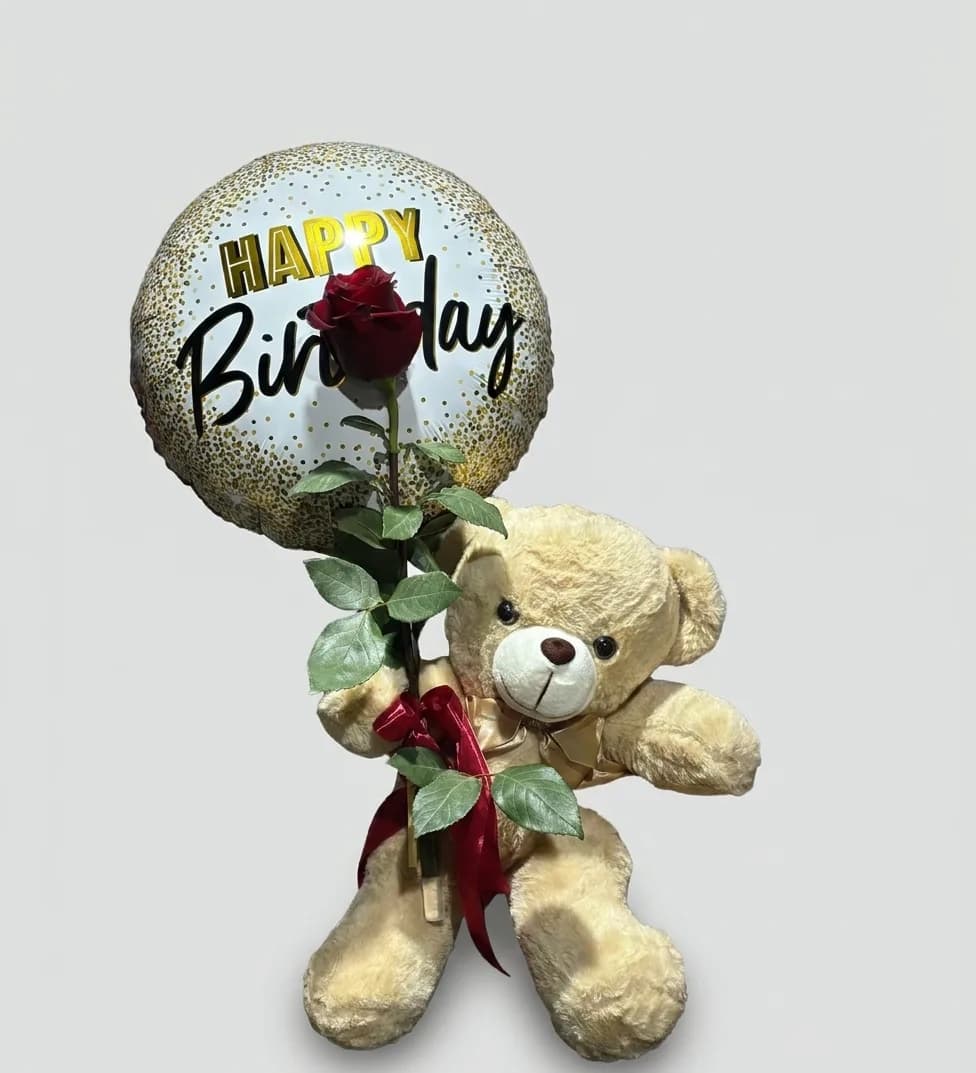Teddy bear, Happy Birthday balloon and red rose image