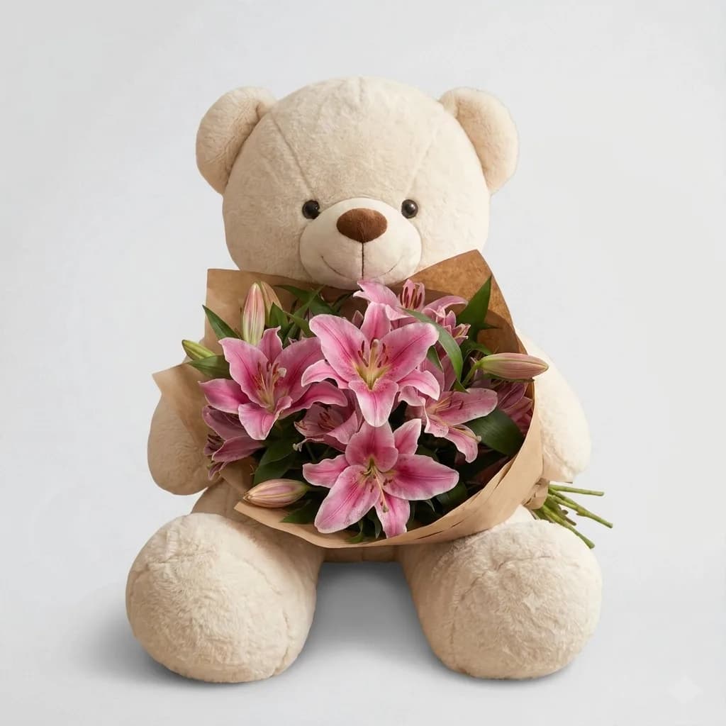 Large beige teddy bear and bouquet of pink lilies image