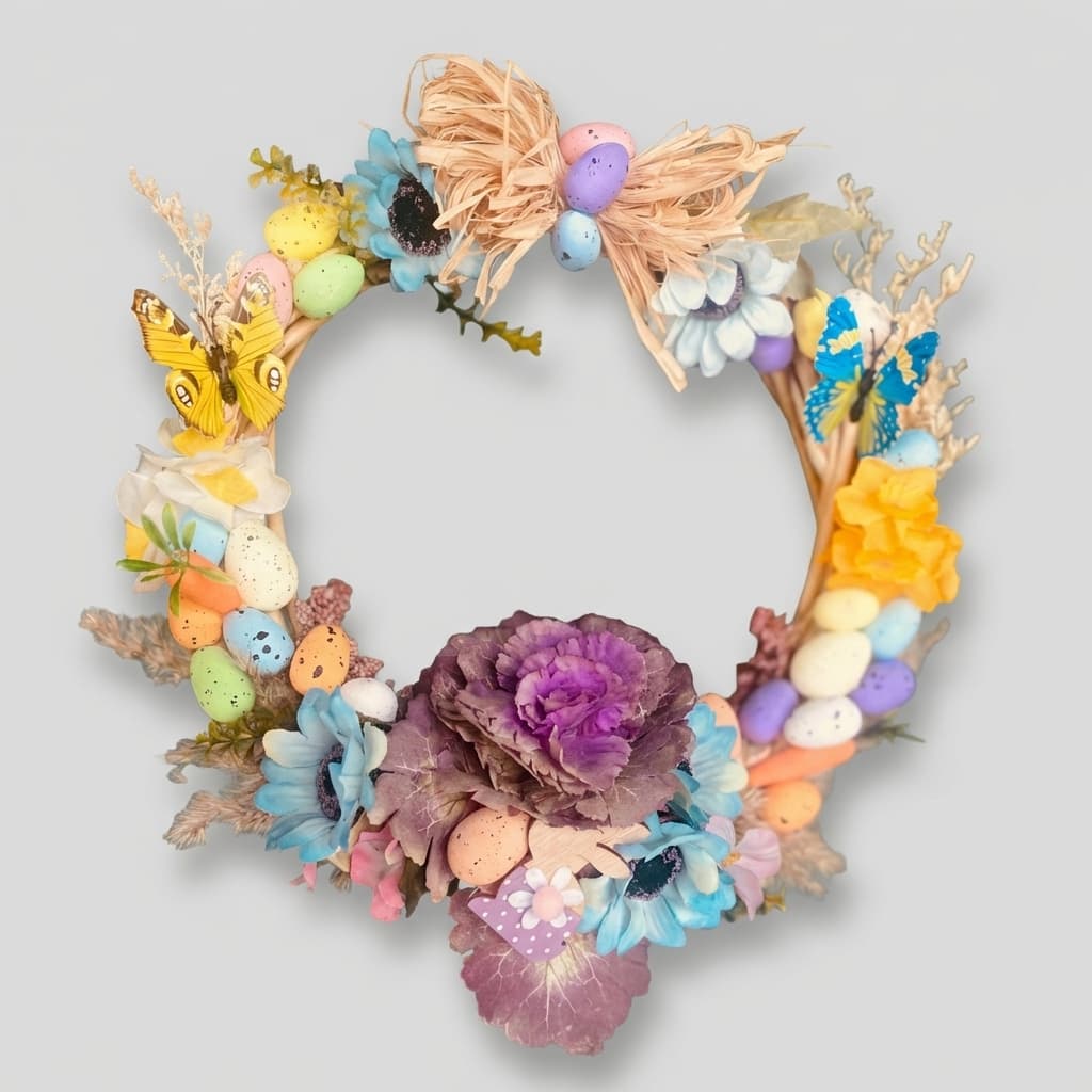 Decorative spring wreath with colorful eggs and flowers image