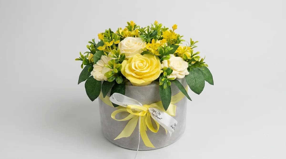 Yellow White Soap Flower Bouquet in Box image
