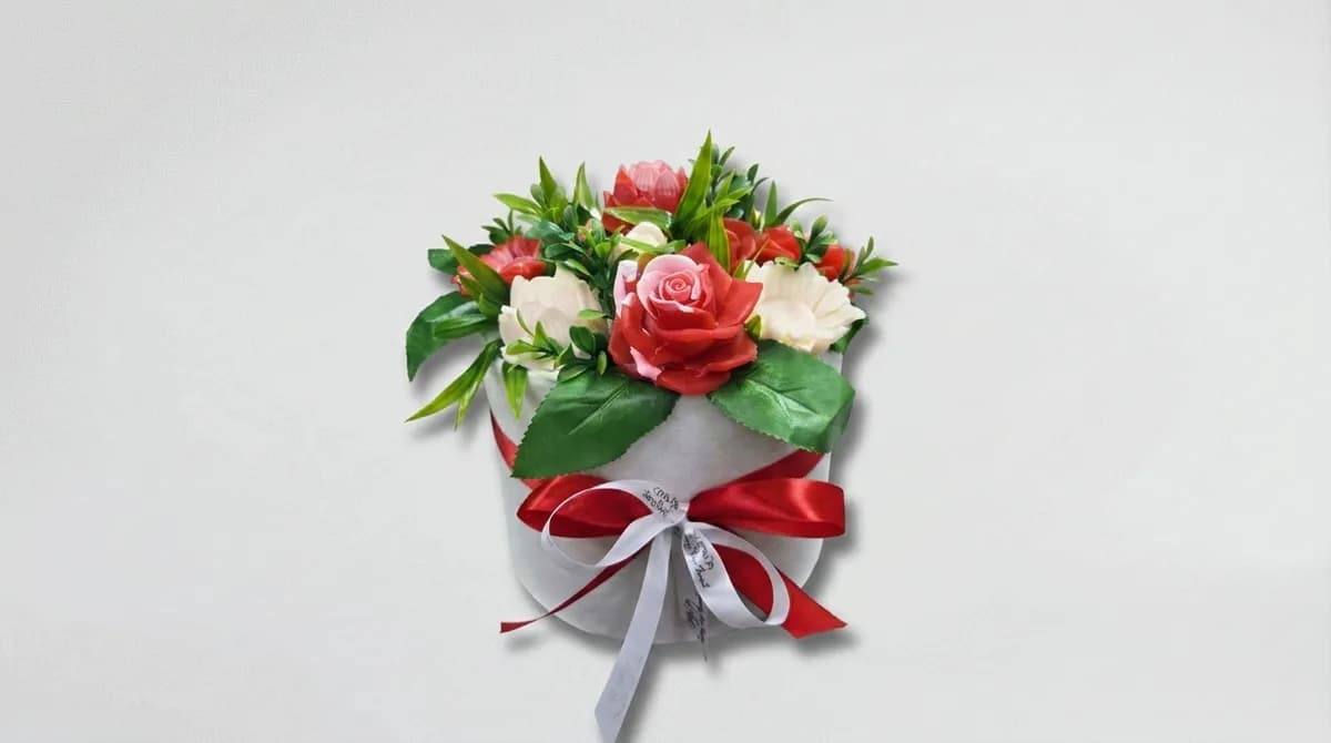 Red and White Soap Flower Bouquet in a Box image