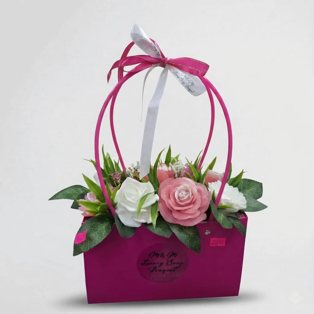 Pink and White Soap Flower Bouquet in Handbag image