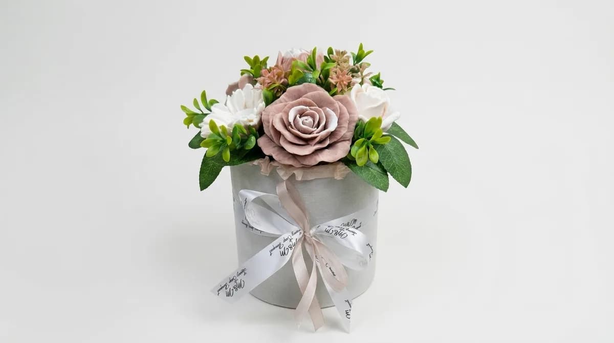 Soft beige soap flower bouquet in a box image