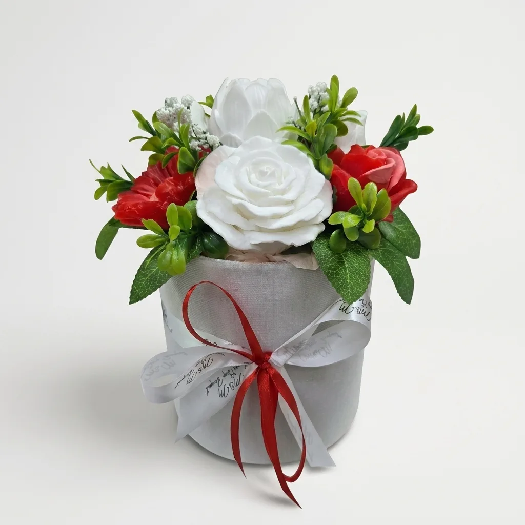 White Red Soap Flower Bouquet in Box — 1