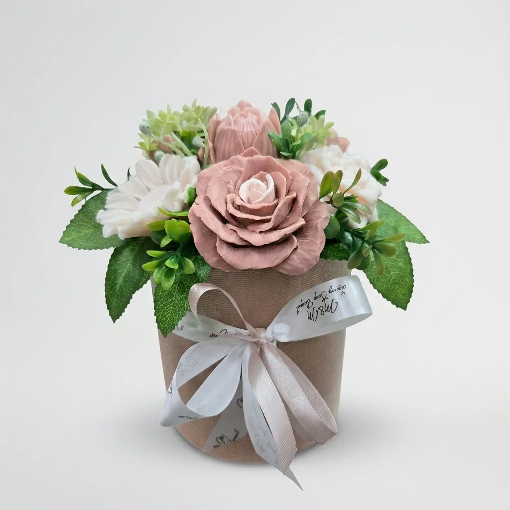 Beige Soap Rose with White Flowers in a Box — 1