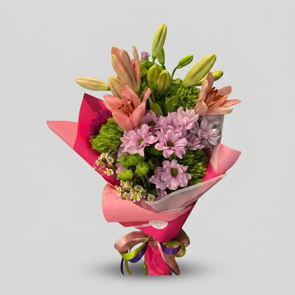 Colorful bouquet with lilies, chrysanthemums, and green decorative flowers image