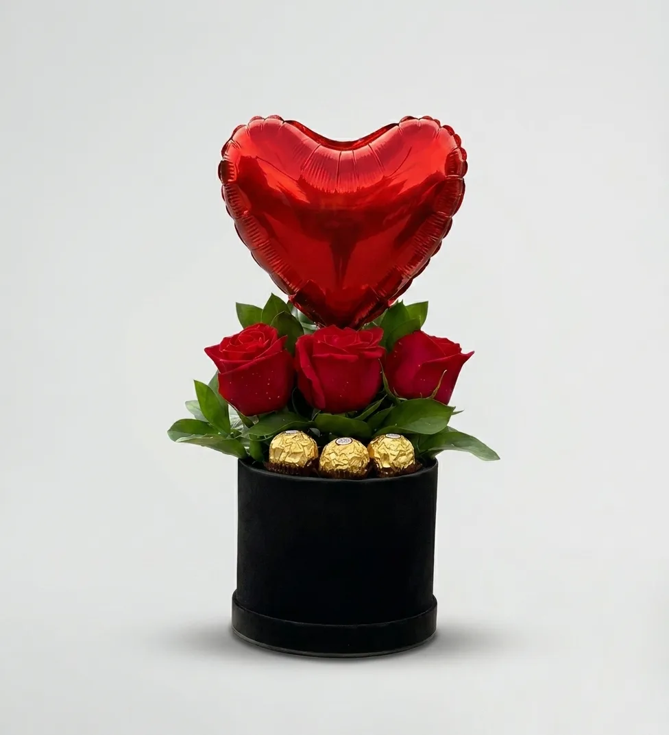 Box with three roses, Ferrero and heart balloon image