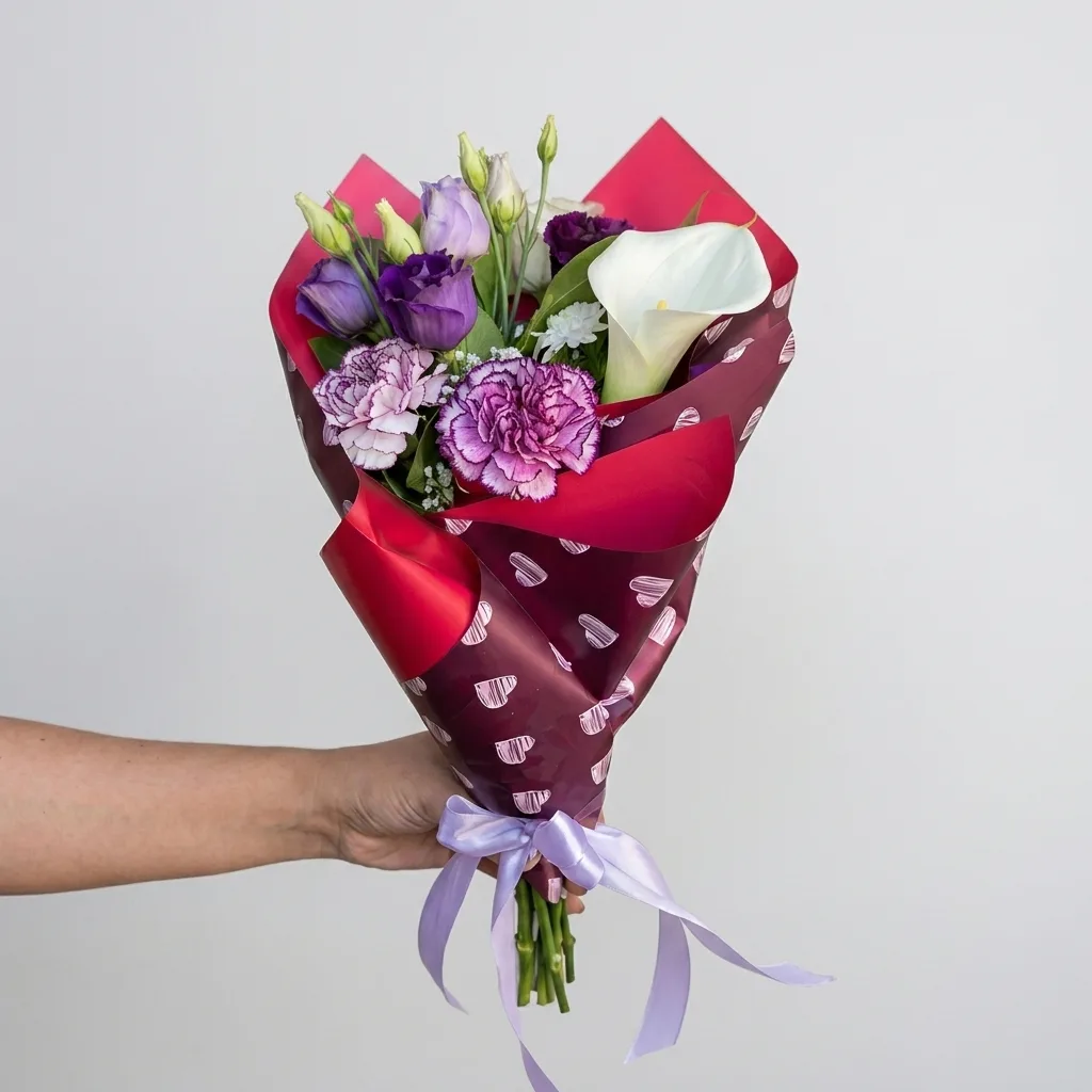 Imazhi i Tufë Romantike me Kala, Eustoma dhe Karafila