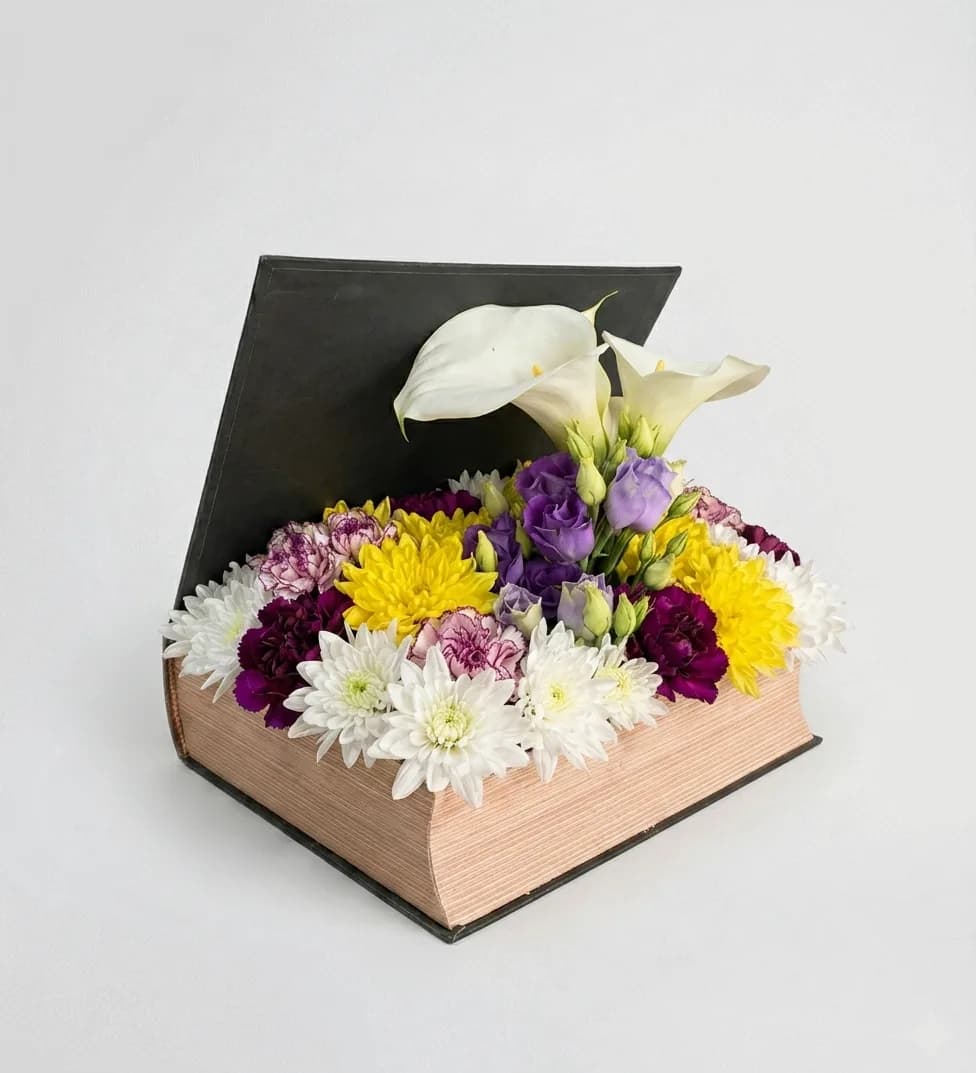 Floral Book with Callas and Chrysanthemums – Elegant Arrangement image
