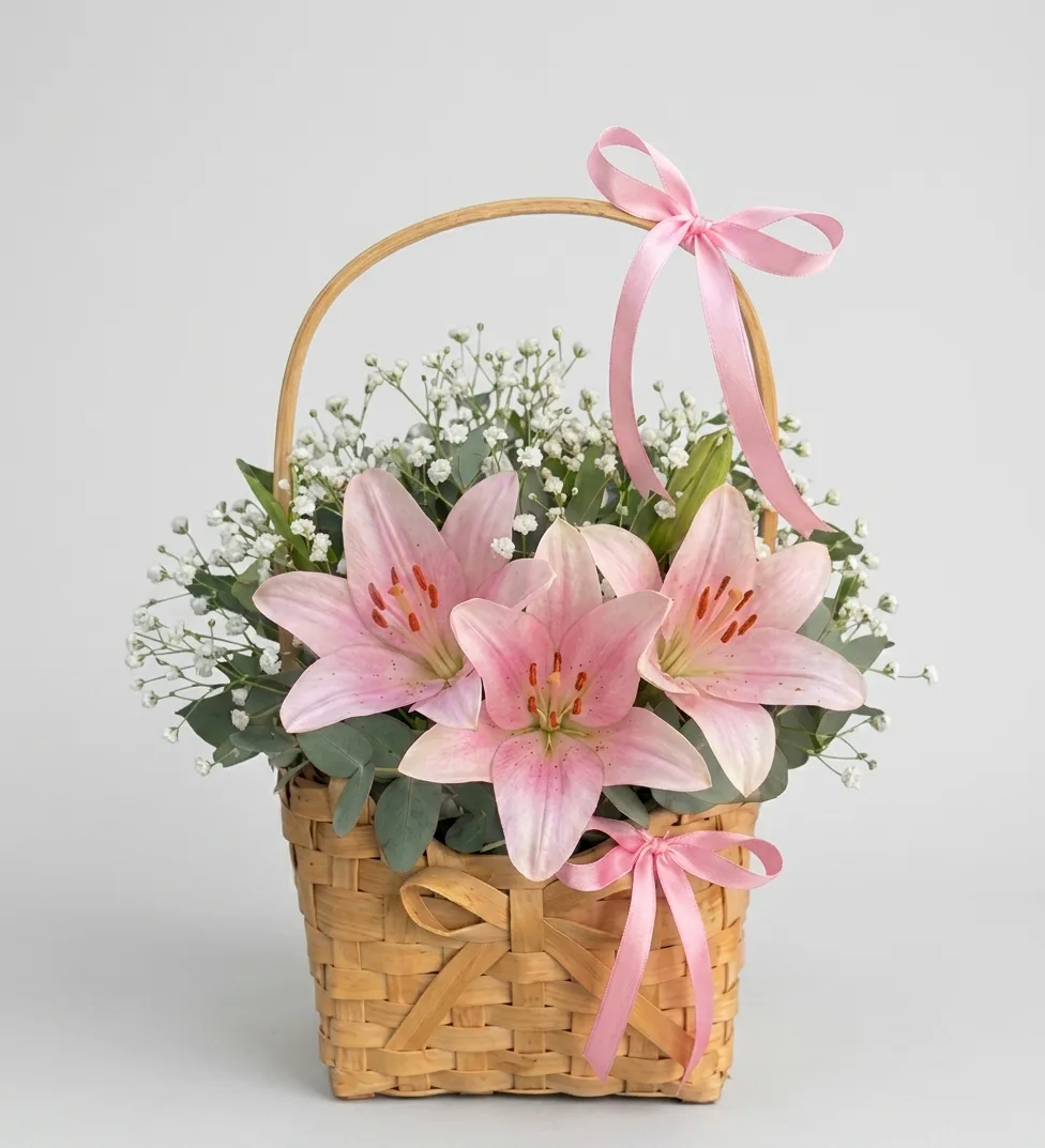 Woven Basket with Pink Lilies image