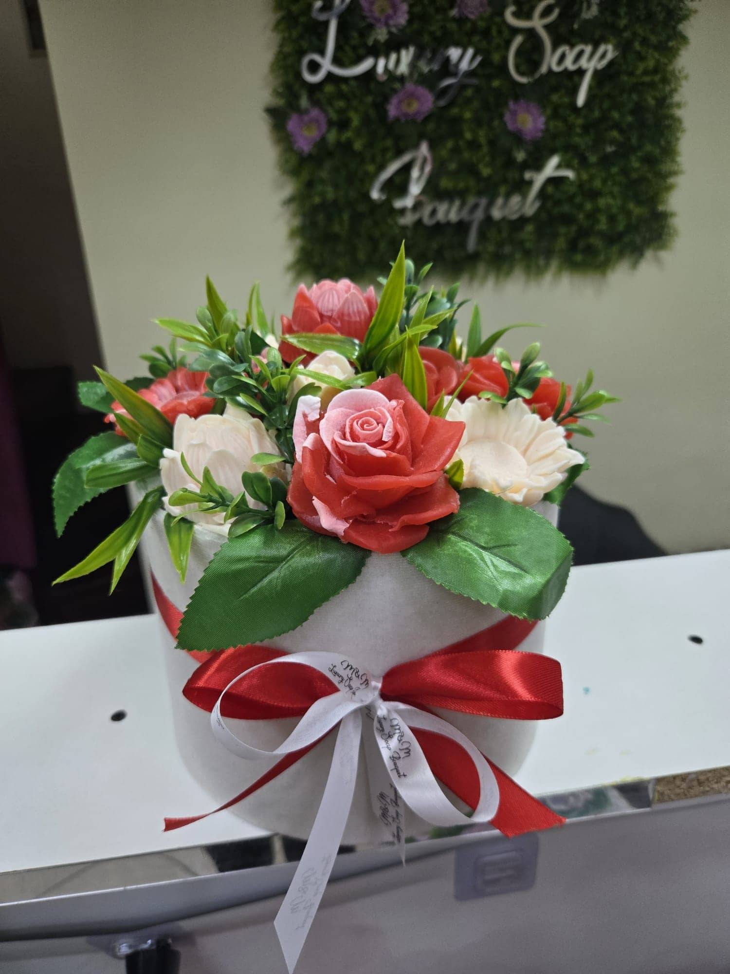 Red and White Soap Flower Bouquet in a Box — 2