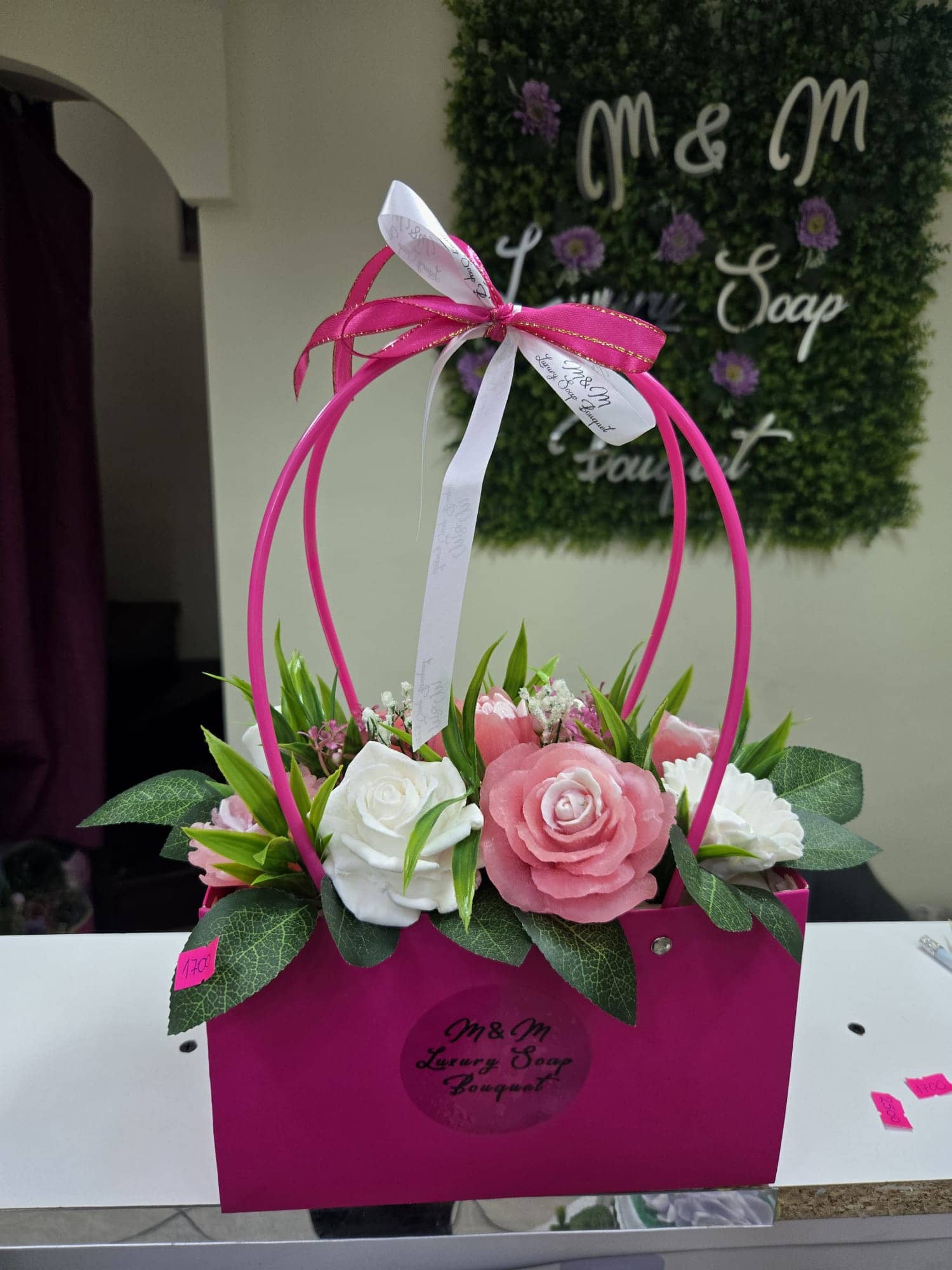 Pink and White Soap Flower Bouquet in Handbag — 2