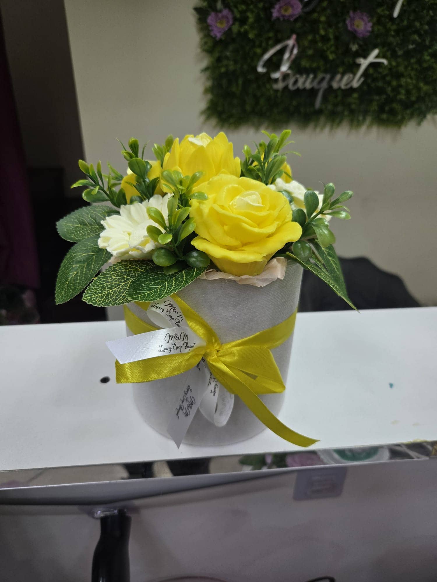 Yellow and White Soap Flower Bouquet in a Box — 2