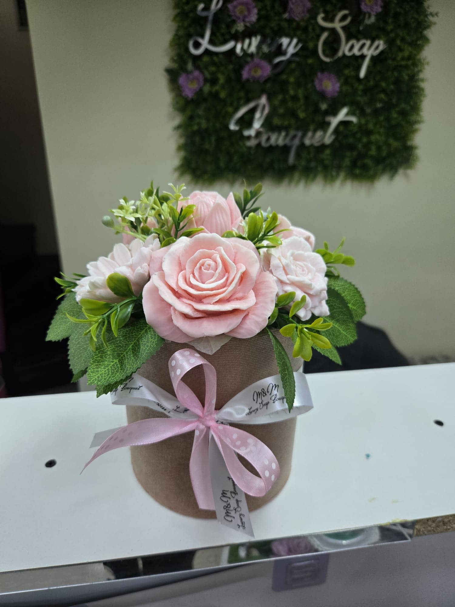 Soft Pink Soap Flower Bouquet in Kraft Box — 2