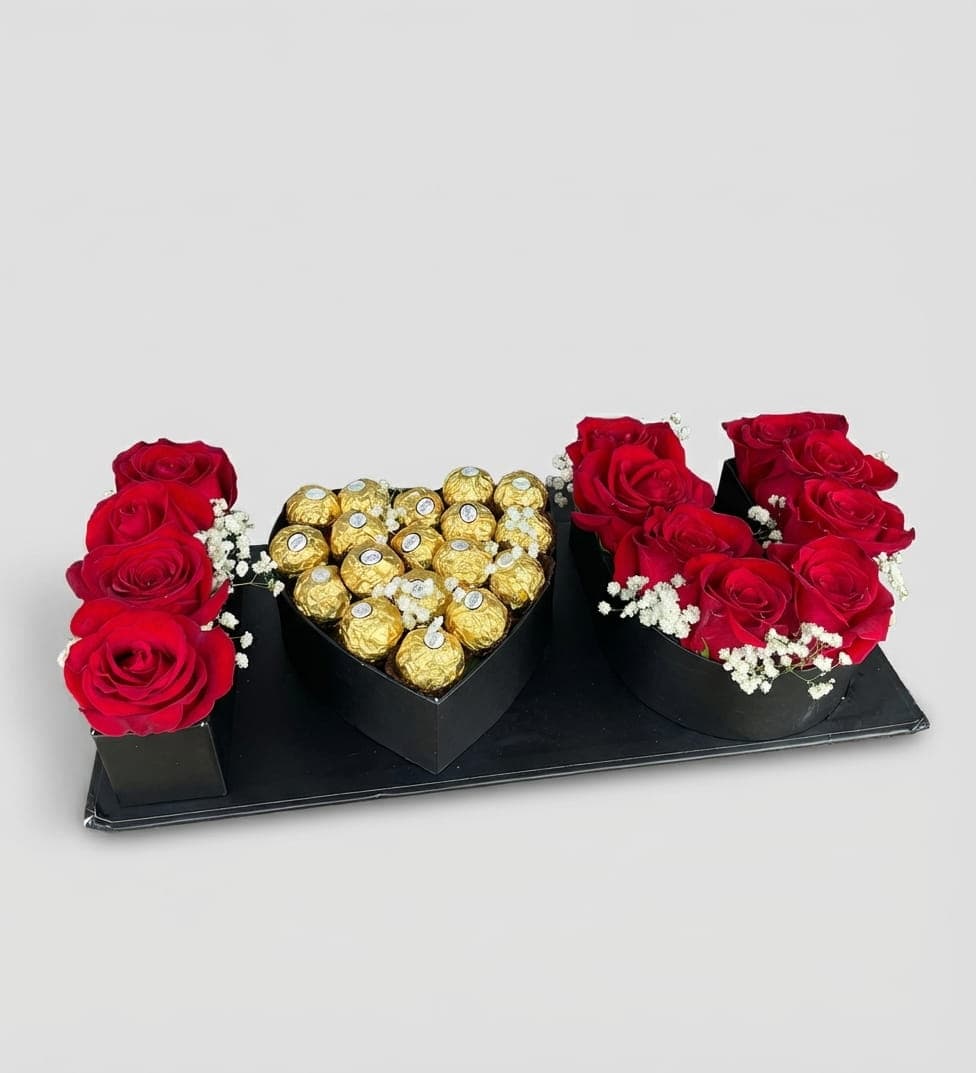 Слика на Луксузен сет „I ❤️ U“ со црвени рози и Ferrero Rocher
