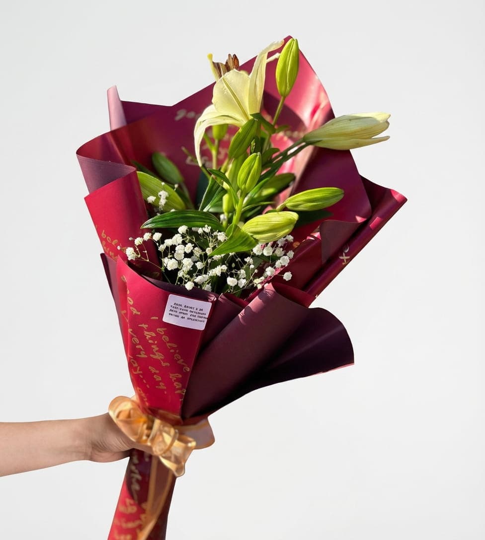 Beyaz Zambak Buketi (Bordo Ambalaj) görseli