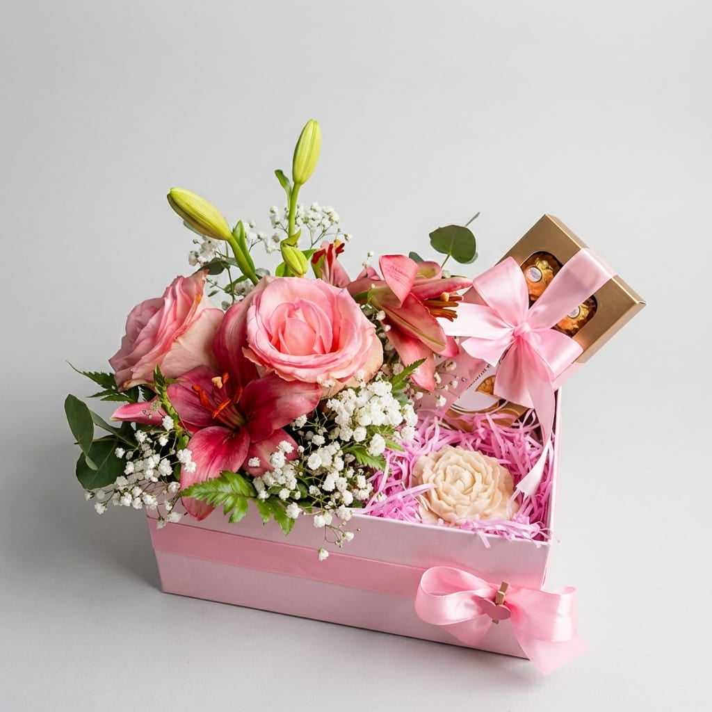 Pink Roses & Lily Gift Box — 1